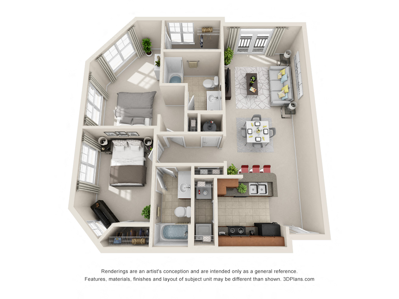 Floor plan for 2 beds, 2 baths, 1187 sqft